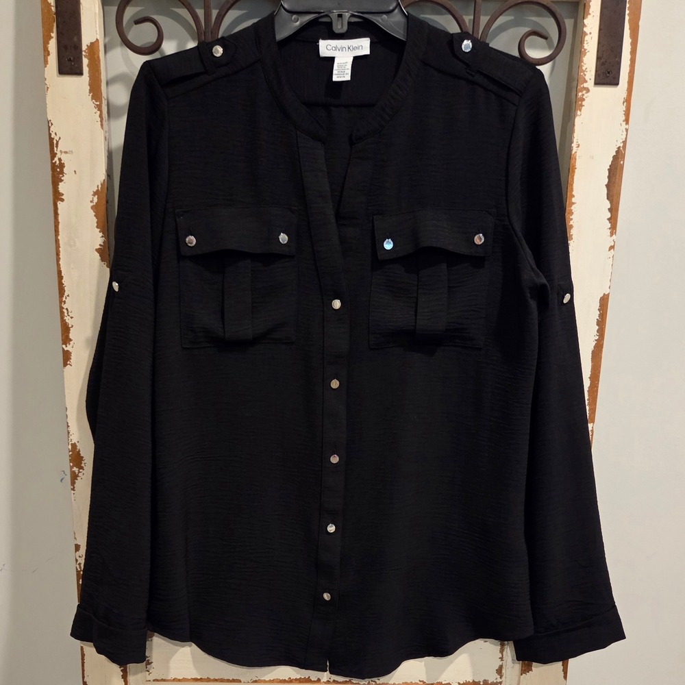 Calvin Klein Womens Black Roll Tab Sleeve Utility Blouse Small Top Cargo Pockets